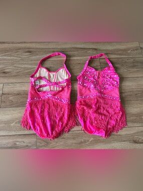 (2) Girls Hot Pink Sequin Fringe Dance Costume - LC